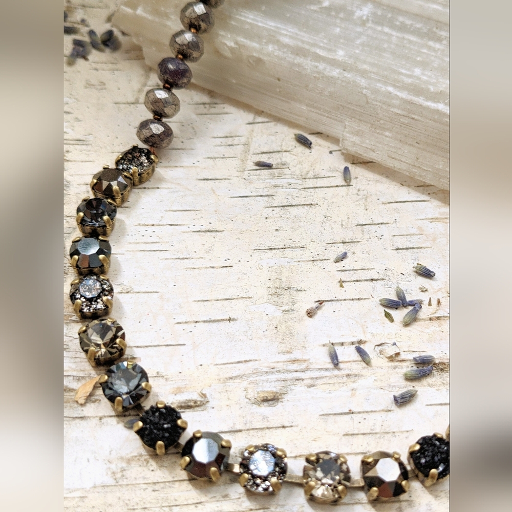Metallic Silver, Black & Gray Swarovski Crystal & Glass Beads In Brass Necklace